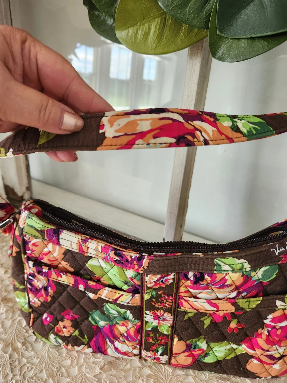 Vera Bradley Quilted Floral Shoulder Bag Brown and Multi 11 X 6.5 X 3 With 9.5